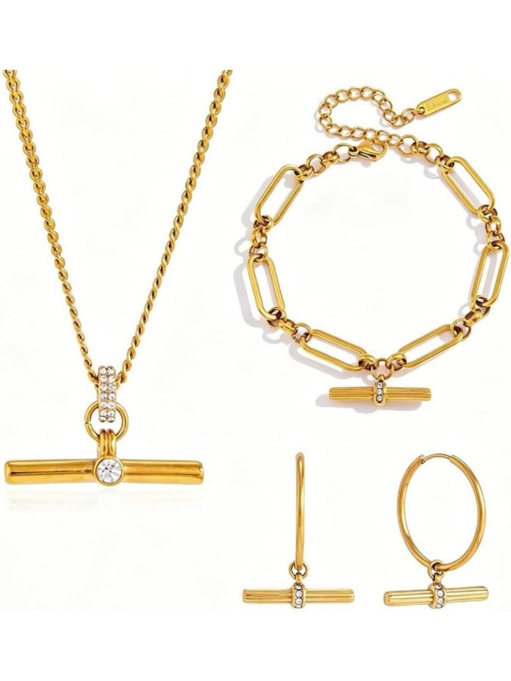 Waterproof Gold Heart Pendant T-Bar Necklace Set for Women - Stylish & Durable